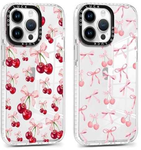 Yirlbey 2 Stück für iPhone 12 Pro Max 6,7'' Hülle, Transparent Handyhülle mit Schleifen Kirsche Aesthetic Muster Design Mädchen Frauen Clear Case, Durchsichtig Dünn TPU Stoßfest Cover