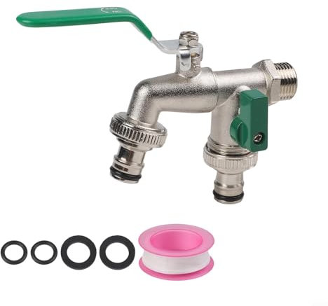 Rubinetto da giardino a doppia uscita, rubinetto in ottone da 3/4 di pollice con connettori per tubi flessibili Kit rubinetto esterno a sgancio rapido per irrigatori lavatrici