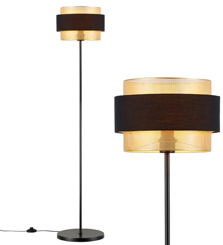 HARPER LIVING Black & Gold Floor Lamp, 40W E27 Standing Lamps for Living Room, Bedroom - Metal Mesh & Fabric Shade, Modern Vintage Standard Light - 141cm Height, No Bulb