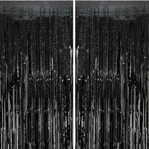 2 Stück Lametta-Folienvorhang, Metallischer Fransen-Hintergrund Party-Deko für Geburtstag, Hochzeit, Verlobung, Baby-Shower, Junggesellinnenabschied, Weihnachten, Fest (1 × 2,5 m, Schwarz)