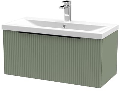 Balterley Vanity Unit with Basin Wall Hung, Single Drawer Soft Close with Mid Edge Sink and Handle, Bathroom Vanity Units with Basin, Fluted Front Sink Cabinet - 810 x 390 x 399mm (Green)