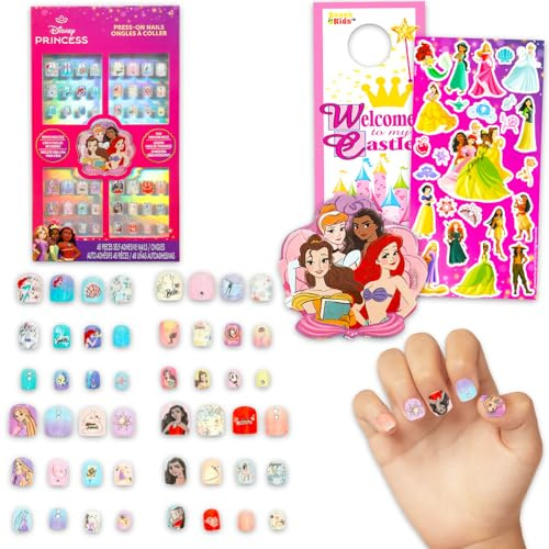 Disney Princess Press-On Nails for Kids - Bundle with 48 Stick-On Nails Featuring Ariel, Moana, Belle, Rapunzel Plus Stickers, More | Disney Princess Manicure Kit for Girls