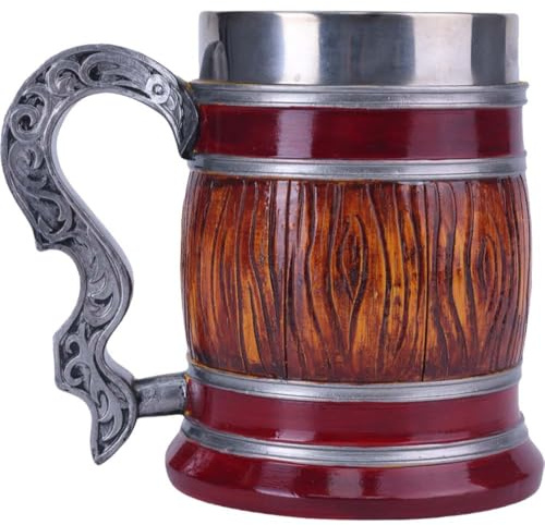ZONSUSE Barrel Tankard, Medieval Beer Mug, Retro Oak Barrel Beer Stein, Red Imitation Wood Outer Shell with Stainless Steel Inner Tank, Gift for Men Birthday Father's Day Birthday 600ml (Cask)