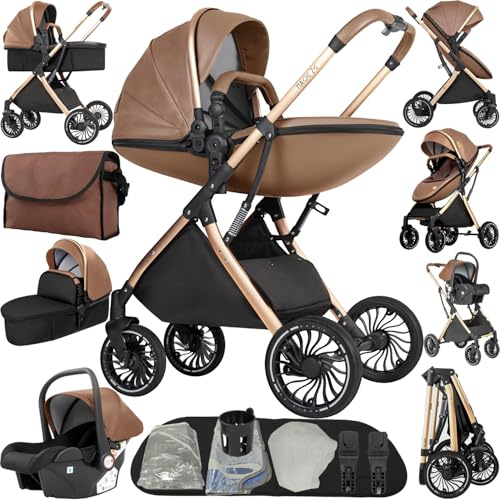 Reenborn Kinderwagen 4 in 1, Buggy mit Zwei Umkehrbaren Schiebemodi, Kinderwagen mit Rahmen Aluminiumlegierung, Buggy 4 in 1 Komplettset mit Ein-Klick-Faltdesign Hohe Landschaft (688 Khaki)