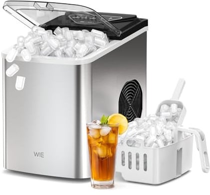 WIE Machine à glaçons, 15 kg de glaçons Ice Maker, 9 cubes en 6 min, Machine à glaçons avec poignée portable, Argent, Machine à glaçons pour la maison/cuisine/bureau/camping-car
