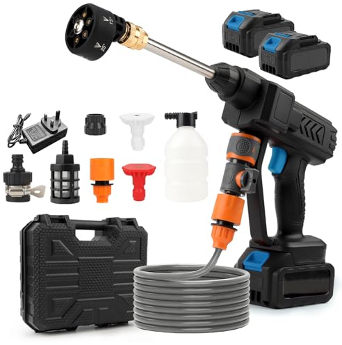 Cordless Pressure Washer, 6-in-1 Portable Power Washer with 2 Batteries, 960PSI High-Pressure Cleaner, Dual Water Source (Tap & Bucket), 5M Hose for Car, Patio, Garden Cleaning