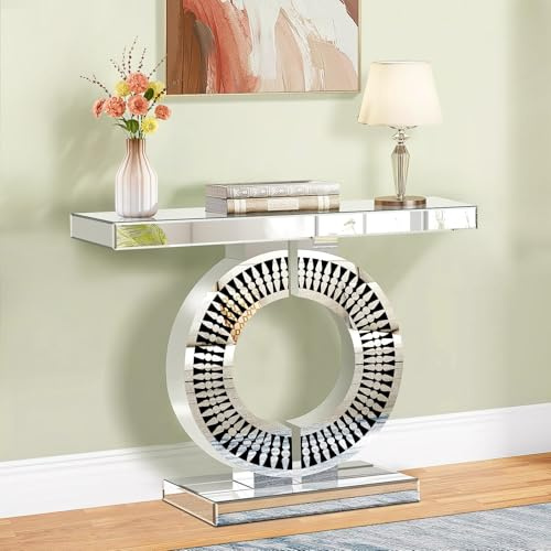 Jesantab Table console argentée miroir avec incrustation en cristal, table de canapé longue d'entrée, base en forme de O, table d'appoint moderne pour salon, couloir, foyer, entrée