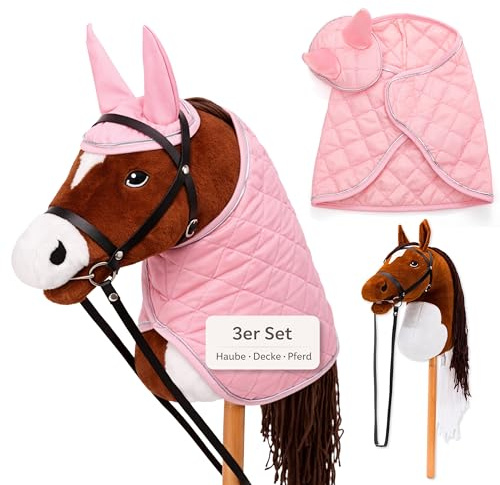 Hoofly® Hobby Horse Set – Großes Steckenpferd für Kinder mit Decke & Fliegenhaube | Komplettes Hobby Horsing Set mit Trense & 35 cm Schraubstab | Braunes Pferd – Pinkes Zubehör