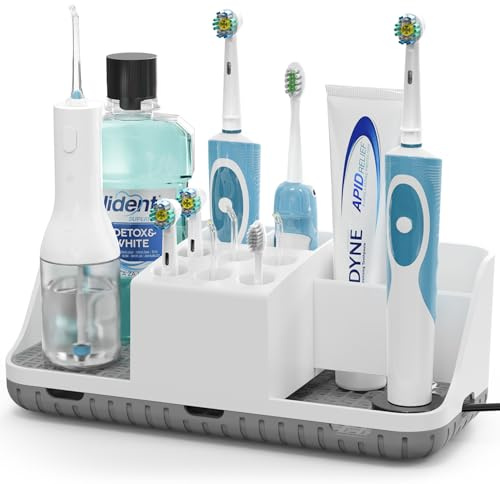 Toprance Grande Porta Spazzolino con Passacavi Nascosto e Scarico, Organizer da Bagno Rimovibile con 11 Scompartimenti per Spazzolini Elettrici, Testine di Spazzolino, Dentifricio e Irrigatore Orale