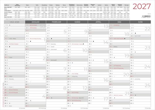 Tafelkalender A3 beidseitig 2027: Jahresübersicht 42x29,7 cm mit 14 Monaten, beidseitig bedruckt, Feiertagen, Ferienterminen & Mondphasen ideal für Büro, Homeoffice & Schule