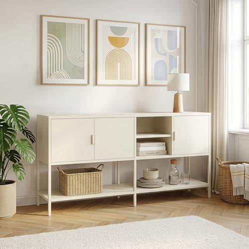 [en.casa] Sideboard Kliri Kommode mit 3 Türen Mehrzweckschrank 160 x 40 x 80 cm Wohnzimmerschrank 6 Fächer Metall Buffetschrank Esszimmer Stauraum Cremeweiß