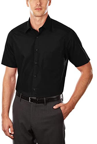 Van Heusen Men's Short Sleeve Dress Shirt Regular Fit Poplin Solid, Black, 15 Neck