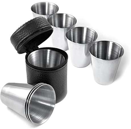 Shot-Becher Edelstahl 60ml im 4er Set, Shots Cups Schnaps-Becher, Shot-Gläser unzerbrechlich, Stamperle, Edelstahlbecher / Espressobecher / Trinkbecher / Flachmann tragbar im Leder-Etui mit Reißverschluss