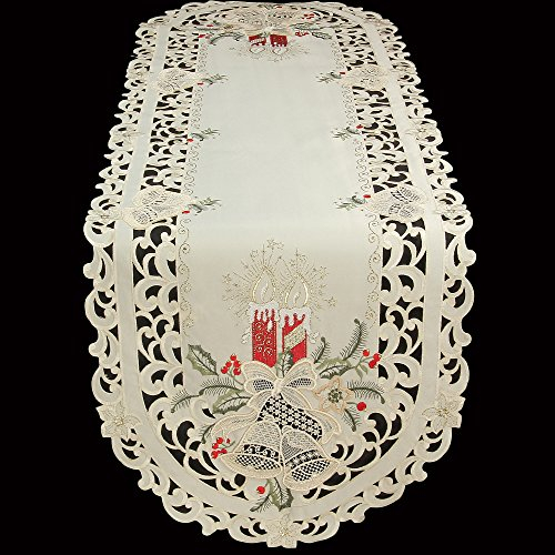 Bezaubernde Weihnachten Mitteldecke/Tischdecke Creme-Weiß mit Rot Kerzen Glocken Stickerei - Größe wählbar (ca. 110 x 110 cm Eckig)