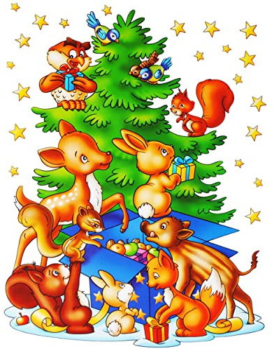 alles-meine.de GmbH 3 Stück XL Fensterbilder - Weihnachtsmotive - Weihnachtsbaum & Waldtiere mit Geschenken - statisch haftend - selbstklebend + wiederverwendbar/Weihnach..