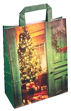 250 Papiertragetaschen Weihnachtstragetaschen Papiertüten Weihnachten Weihnachtsmotiv Weihnachtsstube Weihnachtsbaum mit Flachhenkel weiß 90g/qm 22+10x28cm