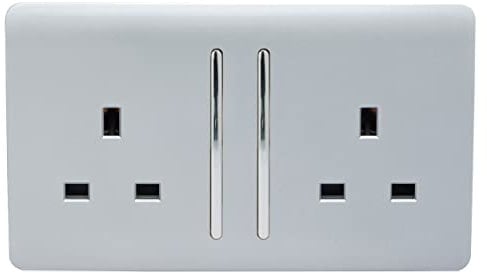 Trendi 2 Gang Raised Artistic Modern Glossy Screwless 13 Amp Single Pole with Chrome Switched UK Standard Electrical Double Wall Plug Socket in Platinum Silver - ART-SKT213LSI