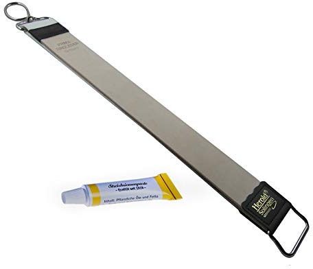 Streichriemen für Rasiermesser von Herold - made in Solingen, Hängeriemen inkl. Abziehlederpaste gelb und Streichriemen Anleitung