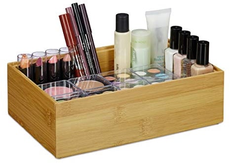 Relaxdays Bamboo Storage Box, Stackable, Natural Look, Kitchen Organiser Bins, Bathroom, HxWxD: 7 x 23 x 15 cm, Natural