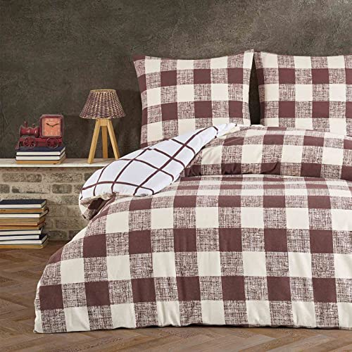 Style Heim Biber Bettwäsche 135x200 cm Flauschige Winterbettwäsche 2 Teilig 100% Baumwolle mit Reißverschluss Bettwäsche-Set Kissenbezug 80x80cm, Wendebettwäsche Karo Muster Kariert, Braun Beige