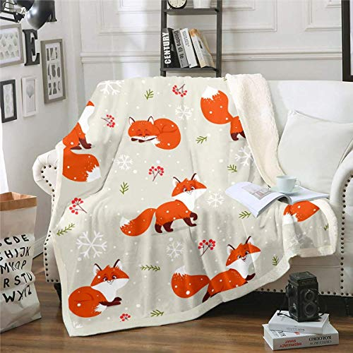 Loussiesd Niedlicher Fuchs Drucken Wohndecke Karikatur Fuchs Wohndecke für Couch Sofa Travel Botanical Branches Kuscheldecke Winter Schneeflocke Raumdekor Wohndeckes 150x200cm