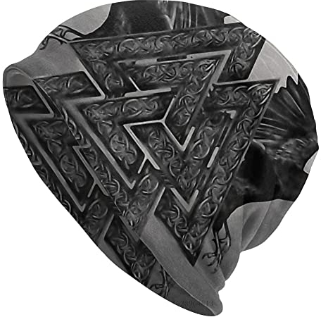 WSXJJ Wikinger Odin Tattoo Skullies Mützen Kappe Männer Frauen Motorhaube Winter Warme Hip Hop Punk Strick Hut Nordic Geschenke,Raven Valknut