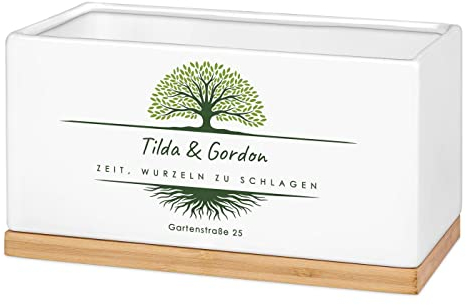 Maverton Keramik Blumentopf mit Untersetzer - Pflanzkübel mit Aufdruck - Übertopf rechteckig - Dekotopf für Paare - zur Hochzeit - zum Hochzeitstag - personalisiert - Weiß - Wurzeln