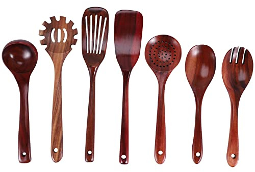 Ksrnsne Juego de Utensilios de Cocina, Cucharas de Cocina de Teca Natural y Espátulas de Cocina de Madera para Incluir 7 Paquetes