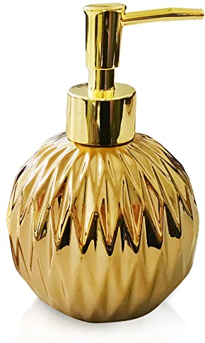 Ceramics Gold Soap Dispenser for Bathroom, Round Soap Dispenser with Delicate Embossed Rhombus Design (Gold)