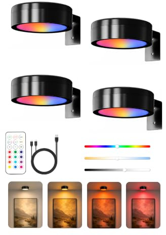 GEYUEYA Home Bilderleuchte Kabellos, Hochwertige RGBW, 4er Set, Schwarzes | Bilderlampe mit 12 RGB-Farben, Dimmbar, Mit Fernbedienung Wohnaccessoires für Galeriewand, Vitrinen