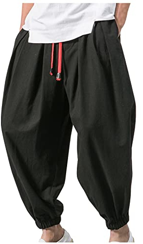 SOOUICKER Leinenhose Herren Jogger Haremshose Japanisch mit Taschen Freizeithose Leicht mit Gummizug Jogginghose Yoga Stoffhose Leinen Aladinhose