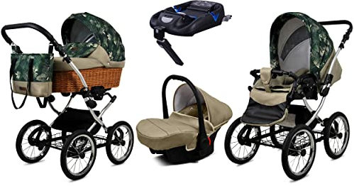 BabyLux Kinderwagen 4in1 mit Autositz für Kleinkinder – Kinderwagen für Neugeborene und Kleinkinder –– Baby Neugeborenen Kinderwagen – ISOFIX Autositzbasis – Max 15kg – Fern Leaf Silver Frame
