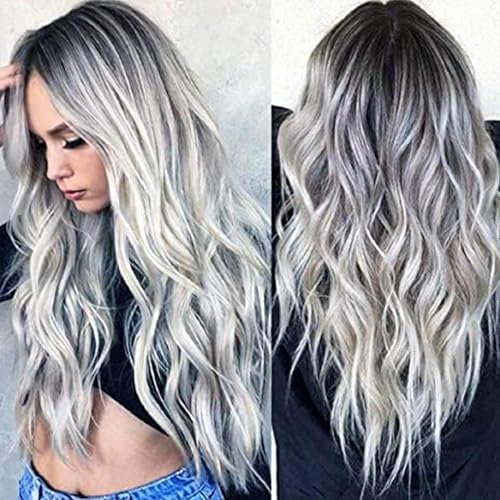 PORSMEER Halloween perücke damen silbergrau ombre lang locken Natürliche Kunsthaar Wig mit Mittelscheitel für alltagstauglich Cosplay Kostüm Fasching Party,aschblond