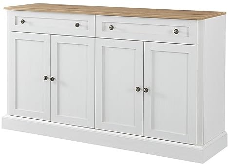 Azkoeesy Sideboard/Kommode/TV-Schrank 150 x 40 x 86 cm, weiße und naturfarbene Platte, Küchenschrank/Buffetschrank mit 2 Schubladen, 4 Türen, für Esszimmer/Wohnzimmer