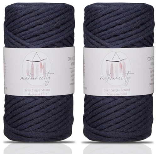 Makromecity, 2 Stränge Makramee-Schnur 3mm x 109Yards (322ft) Makramee-Schnur 3mm gedrehtes Makramee Garn, Makramee-Schnur für Makramee-Federn, recycelte Baumwollkordel (Indıgo Blau, 2 Stränge)