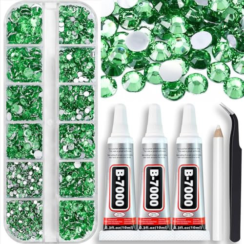 Towenm B7000 Clear Glue with 4000PCS Grass Green Rhinestones for Crafts Clothing Fabric Shoes, Glue Fix Flatback Gems for Nails Face Jewelry, Mixed 5 Sizes 2mm 3mm 4mm 5mm 6mm Diamond Bejeweled Kit