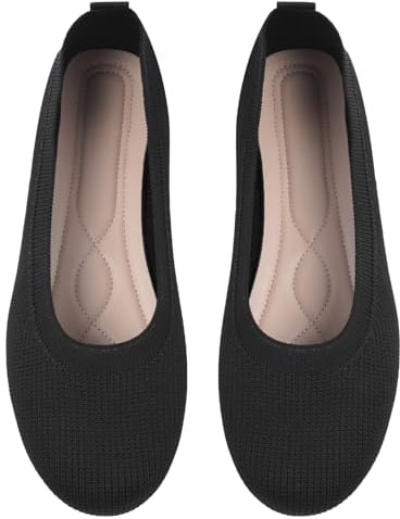 OFFCUP Women's Wide Width Flats Shoes, Knitted Ballet Shoes, Black Casual Soft Breathable Round Ballet Flat, Suitable for Shopping, Parties,Work and Other Occasions, Black 5UK