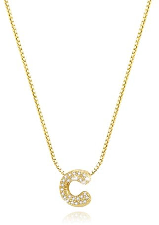 Personalisierte Kette mit Buchstaben Anhänger, Klein Halskette Damen Gold Statement Kette Damen mit Bling Zirkonia Choker Kette Gold, Geschenke für Frauen (C)