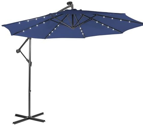 SFAREST 3M Cantilever Parasol with Base, 8-Rib Tilting Offset Umbrella with 32 Solar-Powered LED Lights, Hand-Crank & Air Vent, Outdoor Market Table Sunshade Banana Canopy for Garden Beach (Navy)