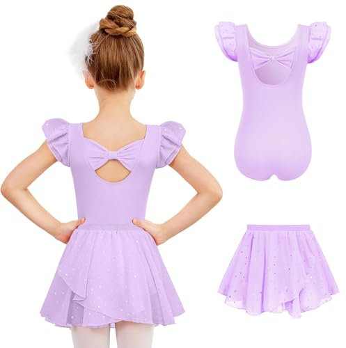Arshiner Vestito de Balletto per Ragazze Viola Abbigliamento de Balletto Abito de Balletto A Maniche Corte Abito de Ballo in Cotone Body de Balletto Abiti de Ballerina con tutù 5-6 Anni
