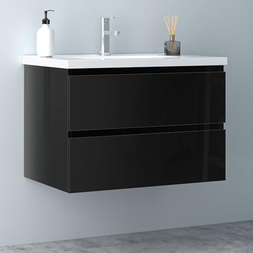 Biubiubath Badezimmermöbel 80cm Keramik Waschtisch mit Unterschrank Badmöbel Set Badezimmerschränke mit 2 Soft-Close Schubladen Hochglanz Schwarz