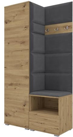 RAVIO Garderoben-Set NELA I mit Kleiderschrank & 3 Doppelhaken, 100cm Flurgarderobe mit Garderobenpaneel & Schuhschrank (Artisan Eiche + Dunkelgrau (Trinity 15))