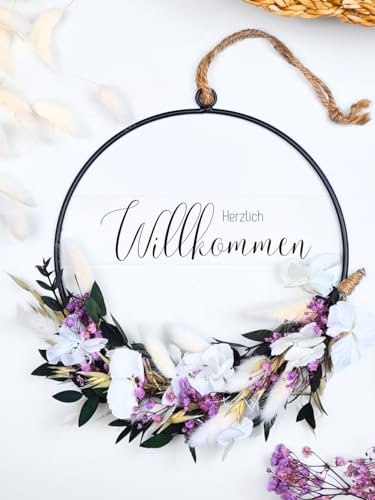 WIDEGO herzlich Willkommen Schild Trockenblumen Kranz | 20cm, 25cm & 30cm | Türkranz ganzjährig | Willkommen Kranz | Türschild | Haustürdeko (25cm)