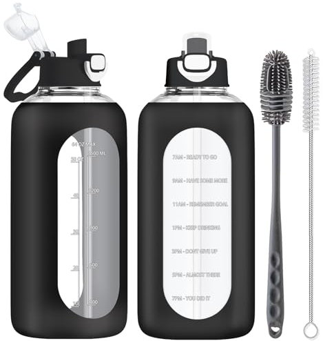 RNCKUUE 2 Litre Glass Water Bottle With Straw, 2l Large Borosilicate Glass Drinking Bottles With Sleeve, Brush, Black