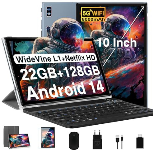 2025 Newest Android 14 Tablet 10 Pulgadas, 22GB RAM+128GB ROM/TF 2TB ,GPS ,5G+2.4G WiFi,Octa-Core 2.0GHz,8000mAh | Cuerpo Metálico | Widevine L1 | GMS Tablet 2 en 1 con Teclado, Funda y Ratón - Gris