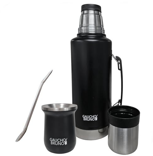 Gaucho Bruno - Stainless Steel Industrial Yerba Mate Terere Flask Set | Double Walled Vacuum Flask and Mate Cup with Bombilla Straw | 2 Litre XL Giant Size | Keep Warm or Ice-Cold | Black