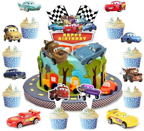 Cars Tortendeko, 21 Stücke Car Geburtstags Kuchen Dekoration, Auto Cake Topper, Tortendeko Kindergeburtstag, Küchendeko Kindergeburtstag, Kuchendeko Geburtstag fur Junge, Mädchen