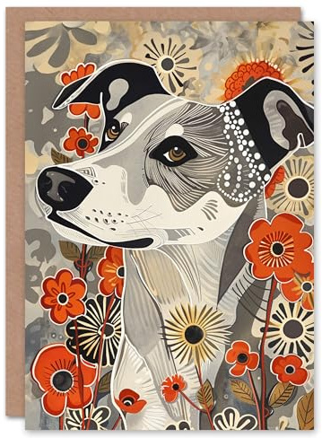 Artery8 Whippet in Wildflowers Floral Folk Art Dog Lover Blank For Him Or Her Art Birthday Card