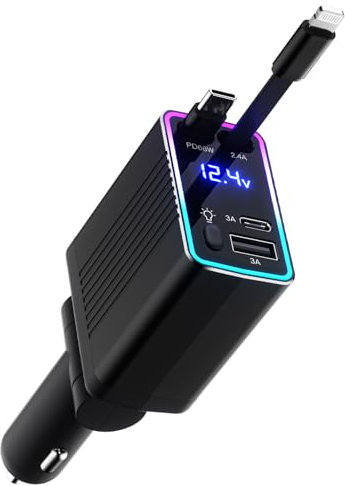massway 4 in 1 Zigarettenanzünder USB C Auto Ladegerät, 120W Kfz-Schnellladegerät Integriertes Einziehbares Kabel KFZ-Ladegerät Auto zubehör für iPhone 17/16 Pro Max Air/Samsung (Schwarz)