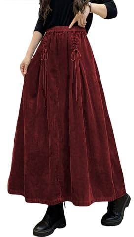 ebossy Gonna lunga da donna in corduroy, a vita alta, elasticizzata, con coulisse e nodo in vita, gonna a trapezio a pieghe con tasche, Vino rosso, M
